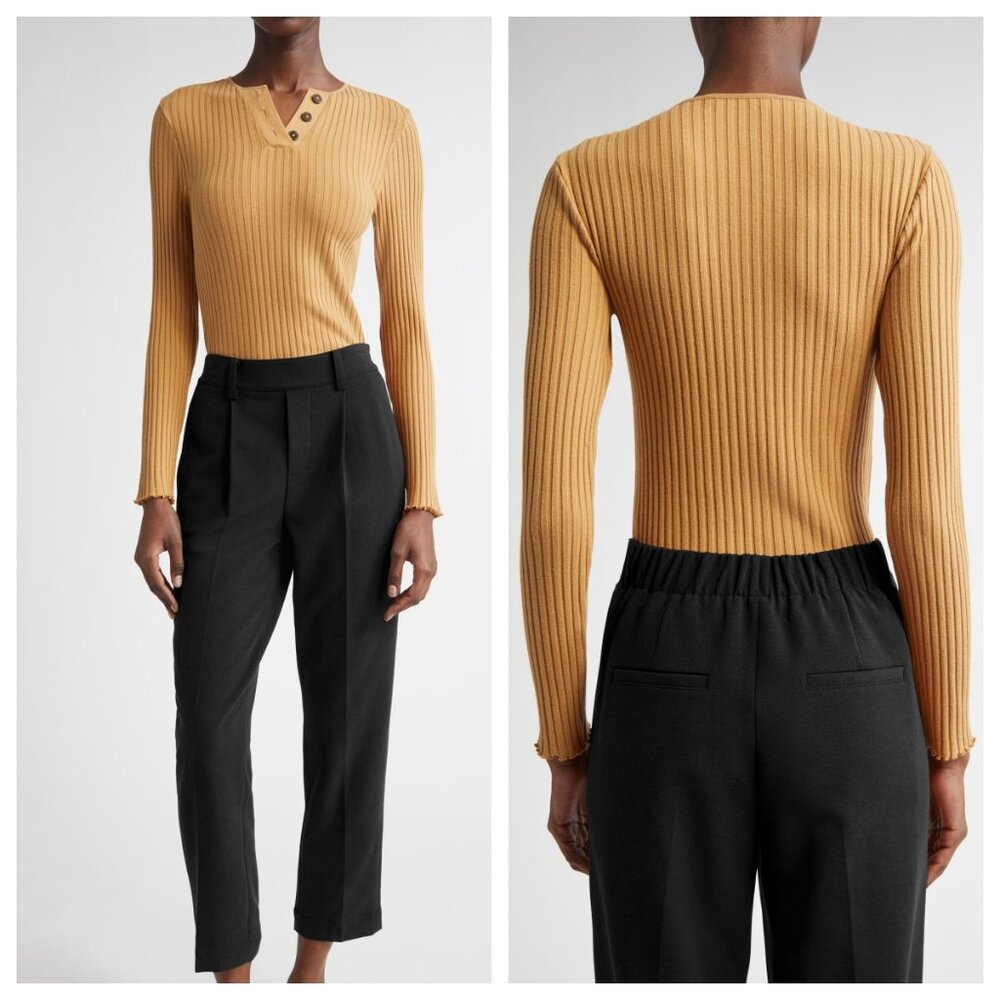 Vince Long Sleeve Rib Cotton Henley in Saddle